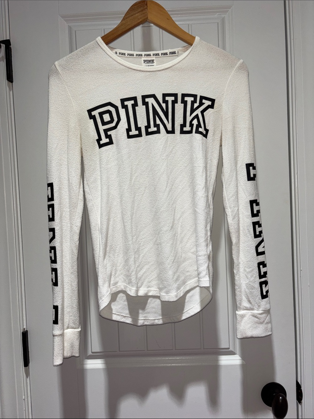 Victoria's Secret PINK White Long Sleeve Tee with Black Lettering